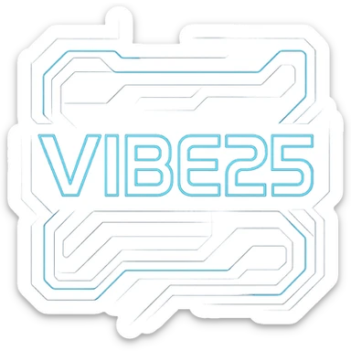 VIBE25 logo in a Tron-inspired style, neon blue and black color scheme, futuristic glowing lines, digital sci-fi look, bold and sleek typography, high-tech aesthetic sticker