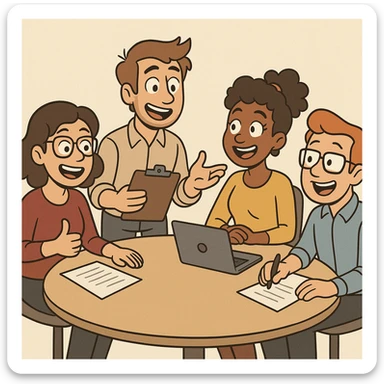 a friendly work team during a briefing, cartoon style, cheerful expressions, round table, light background sticker