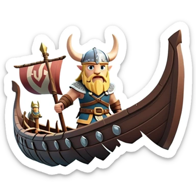 clash-of-clans-aesthetic_-cinematic-viking-longboat, rendered in a flat, bold vector style with minimal shading, featuring a striking dragon-headed prow slicing through icy, churning waters. shields on the side and vikings rowing The longboat’s intricately detailed shields and carved motifs evoke a sense of epic adventure and Nordic might, with billowing sails catching a dramatic, stormy sky backdrop. sticker
