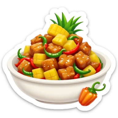 Sweet and Sour Pork with pineapple and bell peppers, simplified emoji style with bold outlines and bright colors, cartoon style Gu Lao Rou popular dish sticker