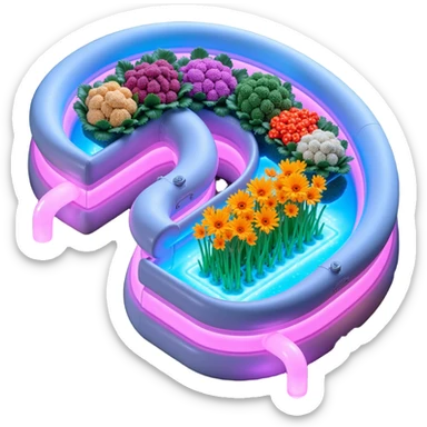Exterior view of a futuristic hydroponic farm with glowing neon pipes and transparent water channels, sleek buildings shaped like nutrient tanks, vegetables and wheat growing in vertical layers, surreal atmosphere, emoji-style, cartoony sticker