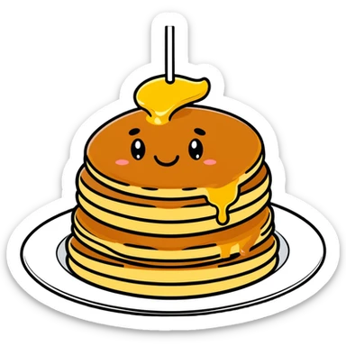 adorable pancakes with butter on top and maple syrup dripping down, smiling face sticker