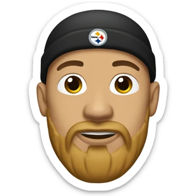 A bald man light brown with a long goatee wearing Steelers football beanie  sticker