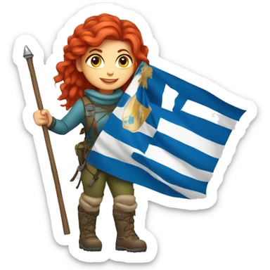 female winter mountaineer red hair holding greek flag and easter egg sticker