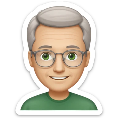 Man with receding hair, grey hair only on the sides, green eyes, rectangular reading glasses, rounded clear face, with a smile sticker