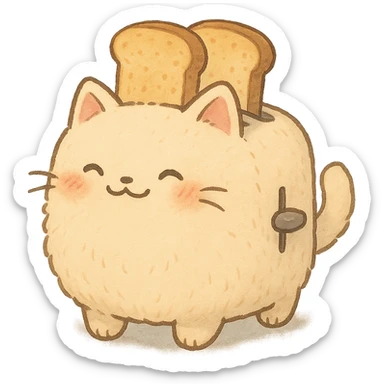 kawaii toaster transformed into a soft, fluffy cat, popping out two toast slices, smiling sweetly, soft pastel colors, full-body sticker