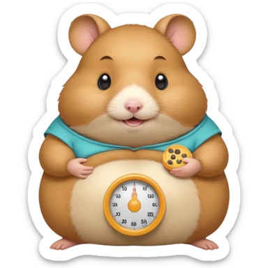 fat hamster holding pregnant belly smiling holding a tiny food scale sticker