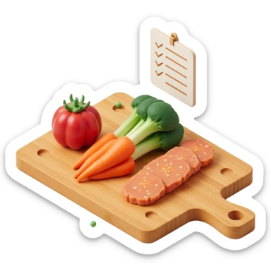 Ingredients on teh wooden cutting board with floating list  sticker