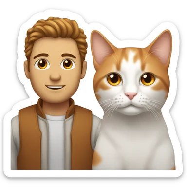 Man with brown eyes and hair take a white orange kitty sticker