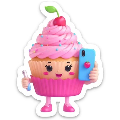3D kawaii cupcake character in pastel colors, glossy swirled frosting, shiny cherry, big sparkling eyes, holding a phone for a selfie, winking and posing confidently, pastel pink polka dot wrapper, surrounded by sparkles, soft lighting, high resolution sticker