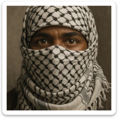 A person with brown skin, eyes visible, face fully covered by a Palestinian keffiyeh scarf sticker