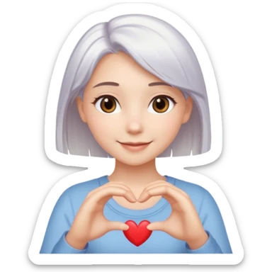 Beautiful girl. Platinum-colored hair just below the shoulders, straight, brown eyes, sweet smile. Hands in the shape of a heart. sticker