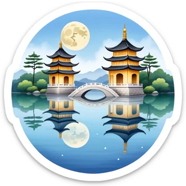 Three Pools Mirroring the Moon, West Lake Hangzhou, simplified emoji style, three small pagodas on water with moon reflection, cute cartoon style sticker