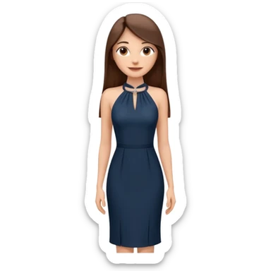 emoji-style illustration of a stylish pretty happpy woman with long straight brown hair, wearing a dark halter neck dress, elegant and minimalistic look, front-facing, soft 3D cartoon rendering, plain background sticker