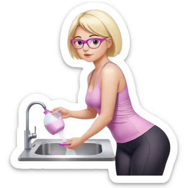 Seductive, Curvy fair skinned woman, short blond hair, small light purple reading glasses, washing dishes, SFW sheer pink tank top, without undergarments SFW, black yoga pants, thick booty sticker