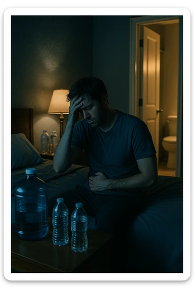 A cinematic scene of a man in his 30s sitting on the edge of his bed at night, clearly tired and frustrated. On his nightstand are several empty water bottles and a large reusable water jug, suggesting excessive hydration. A dim lamp casts soft shadows in the room, and the door to the bathroom is open with light spilling out — symbolizing repeated nightly visits. The man holds his head in one hand, while the other rests on his abdomen, eyes heavy with fatigue. The atmosphere is quiet and introspective. Cool color grading with deep blues and pale yellows enhances the nighttime mood. Style: 35mm cinematic realism, with attention to emotional detail and ambient lighting sticker