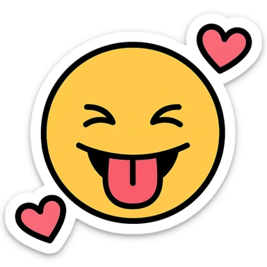 silly emoji face sticking out its tongue, with floating hearts, modern icon style, colorful and fun, bold lines, simple shapes sticker