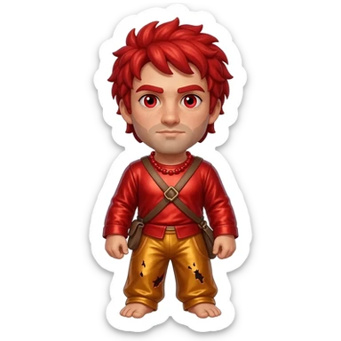 Hephaestus from Greek Mythology with red eyes, red hair, red metallic shirt, burnt orange metallic baggy pants, red necklace sticker