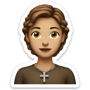 fair skinned girl with brown hair and a cross necklace sticker