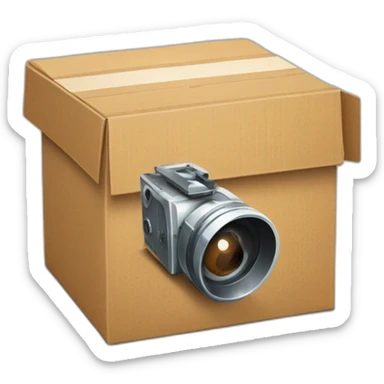 Video icons, movie camera, film, play, logos, likes, thumbs up, marks, views, coverage, applause fly out of a Cardboard box sticker