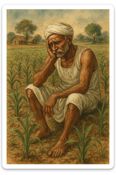 An Indian farmer in a white dhoti, sitting with a sad expression in a crop field, rustic rural scene, detailed art. sticker