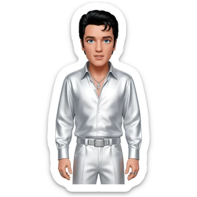 Elvis Presley with blue eyes, black hair, white metallic shirt, white metallic baggy pants, silver necklace sticker