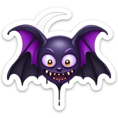 purple and black evil face vampire bat anime sparkle eyes wings flying in front of large dripping crescent moon sticker