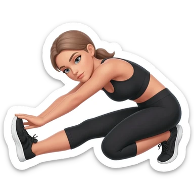 gentle bedtime stretch with sleepy mood, fair-skinned woman, gray-blue eyes, ash brown brows, ash light brown hair tied back, slim athletic body, black workout set, black sneakers with white soles sticker