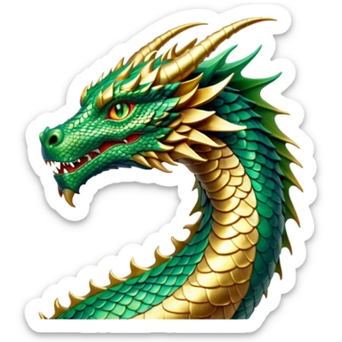 Cinematic Noble Dragon Portrait Emoji, Poised and majestic, with a sinuous, elongated body covered in intricately detailed, shimmering scales in hues of emerald and gold, and piercing, fiery eyes that reflect ancient wisdom; rendered with lifelike texture and natural highlights, high shine, intelligent and formidable, styled with an aura of mythic power, focused and attentive, soft glowing outline, capturing the essence of a legendary dragon that appears ready to soar out of the screen with timeless authority! sticker