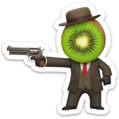 Kiwi wearing suit and a hat holding a gun sticker