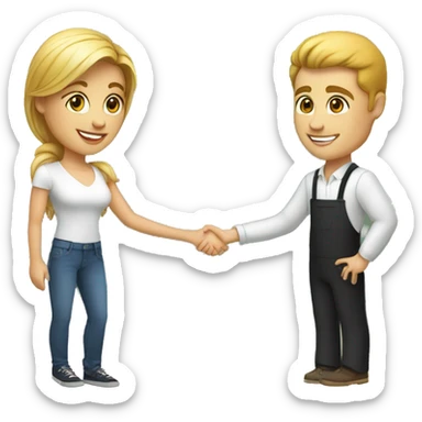 an adult restaurant owner and a young blogger shake hands, both with white skin, in great detail, in full height sticker