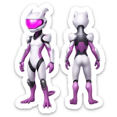 White Anthro-Lizard-Reptile-Alien-Genesect-Mewtwo-Fakémon, with pink eyes, with a futuristic visor-helmet, wearing a techwear-suit, Full Body sticker