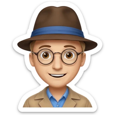 A man with sharp and thin face, brown round glasses, a brown hat and a brown costume with beige chemise  (no blue shirt) (shoulders only), the man has blue eyes and a large smile on his face and menacing eyes. sticker