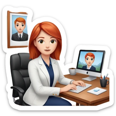 “Red-haired therapist on a video call, sitting in a calm home office, looking at the webcam, client visible on screen, professional yet warm atmosphere, realistic style.” sticker
