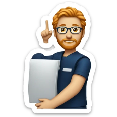 A fast food employee wearing fully dark blue and eyeglass and having a ginger hair and beard sticker