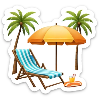 Icon for Beach Tourism: a sandy beach with a ocean skyline in the background, lounge chair, sun umbrella and flip-flops. The icon should capture the relaxation and fun of a beach vacation. Transparent background sticker