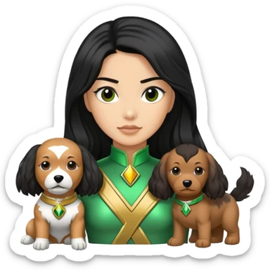 green power ranger wasian woman with long black hair and a fully light brown cockapoo dog sticker