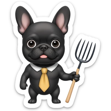 Black French bulldog holding a pitchfork sticker