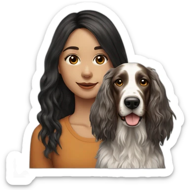 hyperrealist caucasian girl black long hair with brown english setter dog sticker