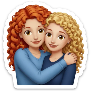 A woman with straight, blonde hair and a nose piercing and a woman with curly red hair and a nose piercing are hugging and smiling together. sticker