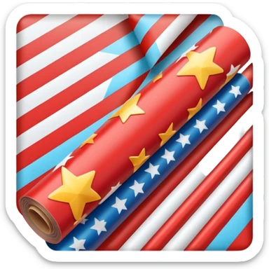 long cylindrical roll of glossy wrapping paper, partially unrolled, colorful pattern with stars, stripes, festive motifs, smooth reflective finish, crisp edges, visible cardboard tube at center, no scissors tape or ribbon, apple emoji style, soft lighting, subtle shadows, emoji scale sticker