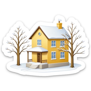 Yellow-white house. A small tree. Winter sticker