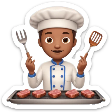A 3D cartoon cook flipping meat on a grill with tongs, gentle smoke effect, Memoji-style lighting. sticker