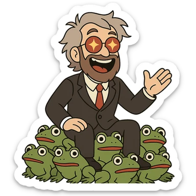 A middle-aged animated man with light grey tousled medium-length hair and a thick well-groomed brown-grey beard, wearing round glasses with red lenses that reflect bright orange-yellow stars. He has a very joyful, charismatic expression with an open-mouthed smile showing teeth. He is dressed in a formal black suit, white shirt, and red tie, sitting on a pile of green frogs with big eyes and red lips. sticker