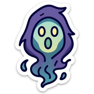vector emoji of an ethereal, hooded, faceless character resembling Death, made of smoke and shadow, head only, flat colors, ruffled and torn hood, light and shading passing through the hood to form a surprised expression, dark and mysterious sticker