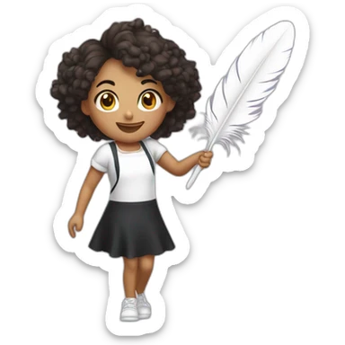 a girl in a white T-shirt and a black apron dances with a feather depilator sticker