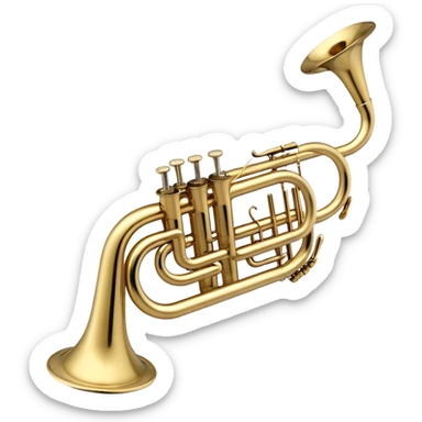 Create a sleek and polished emoji representing the Brahner trumpet. The design should feature the shiny brass body of the trumpet, with its distinct bell shape and coiled tubing. Highlight the three smooth, finger-operated valves, and the mouthpiece at the top of the instrument. The finish of the trumpet should be a rich, golden brass tone with subtle reflections, giving it a polished and professional appearance. Add musical notes or soundwaves around the bell of the trumpet to evoke its bold and brassy sound. Use golden, brass, and silver tones to emphasize the vibrant, high-quality design of the trumpet. The background should be transparent. sticker