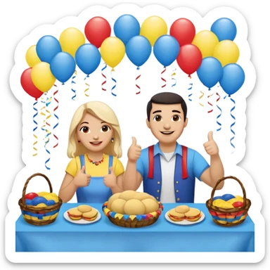 party table decorated with red blue and yellow colors, including a backdrops, balloons arch, streamers and more. On the table are intricate displays of colombian arepas, and baskets of money. In the forefront is a woman and man in simple clothing, big smiles and big thumbs up sticker