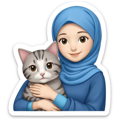 Asian white girl wearing blue hijab with dress holding a black grey tabby cat while smiling sticker