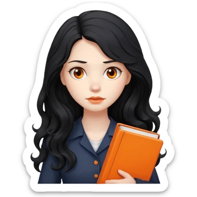 Long Hair Women with orrange Book, Black wavy hair, sad

 sticker